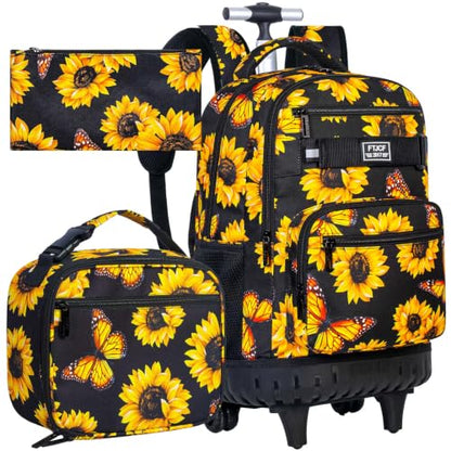 3Pcs Rolling Backpack for Girls, 19 Women Inche Roller Bag with Wheels, Sunflower Wheeled Bookbag Set for Adults(Yellow) - color: Sunflower