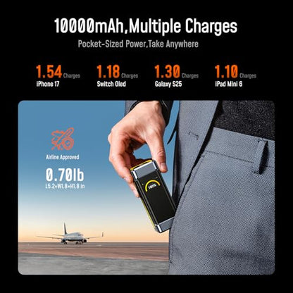 AOHI 210W PD3.1 PPS Power Bank 10000mAh, Dual 140W USB-C Ports Fast Charging Portable Charger with Smart Display, The Future Starship 37Wh Battery Pack for MacBook Pro/Air, iPad, iPhone 17,Galaxy,Gray