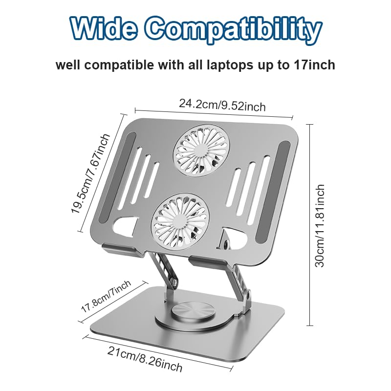 Laptop Cooling Stand with Fan and 360 ° Rotating Base, Adjustable Height, for Desk Gaming/Office Movie Watching and Screen Sharing, Portable Computer Notebook Stand Compatible Up to 17 Inches - color: Silver