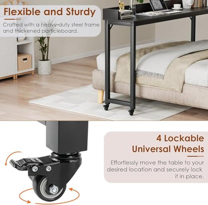 Clevich Overbed Table with Wheels, 16" D x 71" W x 41" H Mobile Bed Desk | Queen Full Size Mobile Computer Desk with eavy Duty Metal Leg, Standing Laptop Cart, for Bedroom, Living Room - color: Black