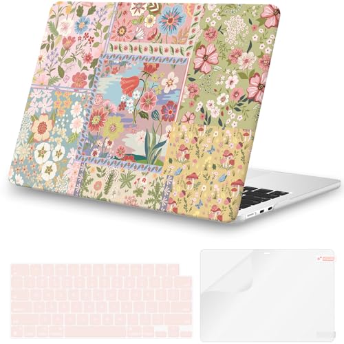 iCasso for MacBook Air 13 inch Case 2026-2022 Model A3449 A3240 A3113 A2681(M5-M2), Flowers Pattern Sturdy Protective Hard Shell Cover for Mac BookAir 13 case,Pink Floral Patchwork - color: 1-Pink Flower Patchwork
