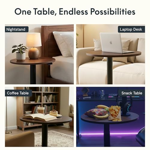 FLEXISPOT Adjustable Overbed Side Table & End Table for Bed & Sofa | Gas Lift Height, Space-Saving Base, Multi-Use Laptop,Snack & Work Table for Home, Apartment, Kids & Adults,Round Walnut Top
