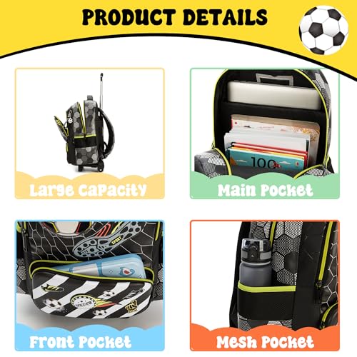 Meetbelify Kids Football Rolling Backpack with Wheels for Elementary Preschool Students Boys Travel Luggage Carry on Backpack for Boys Ages 6-8 - color: 02 Football