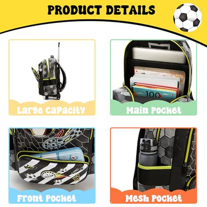 Meetbelify Kids Football Rolling Backpack with Wheels for Elementary Preschool Students Boys Travel Luggage Carry on Backpack for Boys Ages 6-8 - color: 02 Football