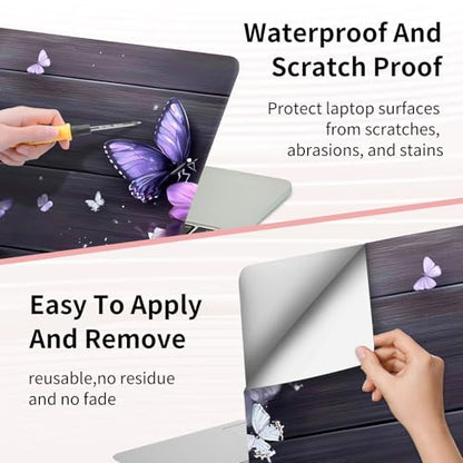 15.6 Inch Laptop Skin Sticker, Reusable Vinyl Cover Protector with 2 Wrist Pad Skins, Removable Waterproof Scratch-Resistant for 12-15.6 Inch Laptop Notebook,Purple And Pink Flowers On Wooden - color: Purple And Pink Flowers On Wooden