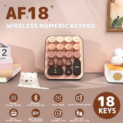 Ajazz AF18 Wireless Numeric Keypad, 2.4G USB Wireless Connection, Ergonomic 18-Key Compact Silicone Bear Design, Gradient Keycaps, Detachable & Portable Number Pad for PC, Laptop Milk Tea - color: Milk Tea