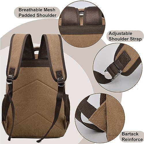 CROCOD Canvas Laptop Backpack, Vintage Daypack for Men Women,Travel Work Rucksack College Bookbag Computer Bag Fits 15.6 Inch Laptop (Coffee)