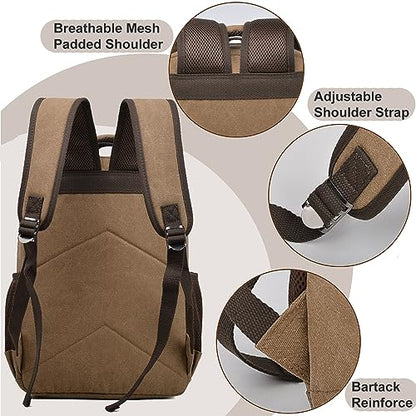CROCOD Canvas Laptop Backpack, Vintage Daypack for Men Women,Travel Work Rucksack College Bookbag Computer Bag Fits 15.6 Inch Laptop (Coffee)