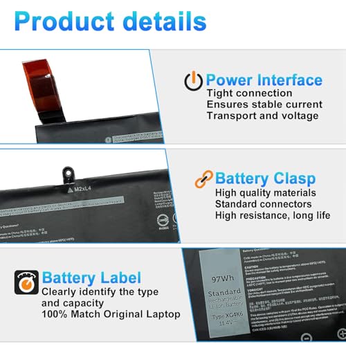 97Wh XG4K6 Laptop Battery Replacement for Dell XPS 17 9700 9710 9720 9730 Precision 5750 5760 5770 Series P92F P92F001 P92F002 P92F003 01RR3 F8CPG 0F8CPG OF8CPG 5XJ6R KVPMY KRDHV 3ICP7/54/65-2 - size: 15.07*2.35*0.23inch XG4K6