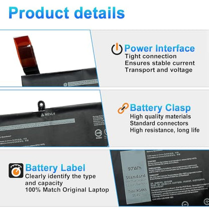 97Wh XG4K6 Laptop Battery Replacement for Dell XPS 17 9700 9710 9720 9730 Precision 5750 5760 5770 Series P92F P92F001 P92F002 P92F003 01RR3 F8CPG 0F8CPG OF8CPG 5XJ6R KVPMY KRDHV 3ICP7/54/65-2 - size: 15.07*2.35*0.23inch XG4K6
