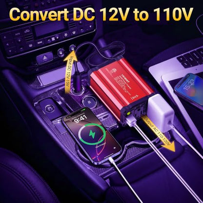 300W Car Power Inverter - vansoet DC 12V to 110V AC(2 Outlets) Power Inverters with 3.4A Dual USB Fast Charging Port - Car Charger Cigarette Lighter Adapter for Laptop/Phone/Road Trip (Red) - color: Deep Red