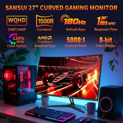 SANSUI 27 Inch WQHD 2560X1440 Curved Gaming Monitor, 180Hz MPRT 1ms Computer Monitor,HDMI2.0 * 2, DP1.2 * 2, Freesync, Curved 1500R, 5000:1 Contrast Ratio, 120% sRGB,HDR(ES-G27C1Q DP Cable Included) - size: 27