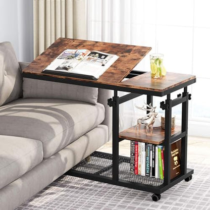 Tribesigns Height Adjustable C Table with Wheels, Mobile Couch Snack Side Table with Tiltable Drawing Board, Sofa Bedside Laptop Stand C Shaped TV Tray with Storage Shelves (Brown) - color: Rustic Brown