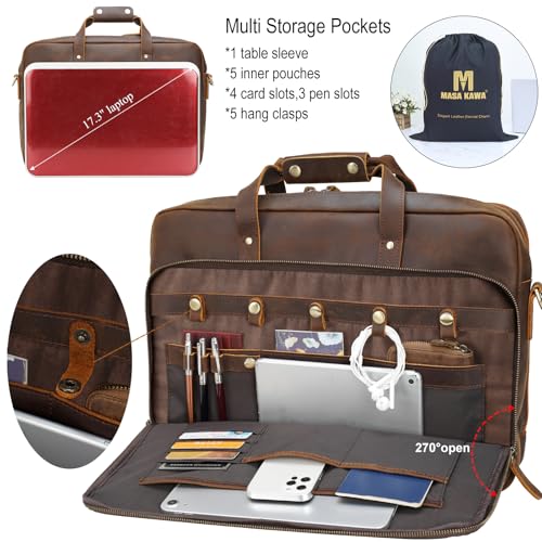 Masa Kawa Leather Briefcase for Men 15.6" 17" Laptop Business Messenger Bag | Computer Sleeve, Travel Luggage Strap, Professional Office Work Lawyer Crossbody Shoulder Attache Case - color: Brown- Fits 17.3 Inch Laptop