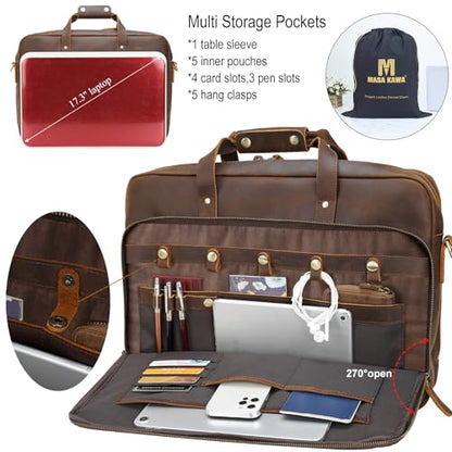 Masa Kawa Leather Briefcase for Men 15.6" 17" Laptop Business Messenger Bag | Computer Sleeve, Travel Luggage Strap, Professional Office Work Lawyer Crossbody Shoulder Attache Case - color: Brown- Fits 17.3 Inch Laptop