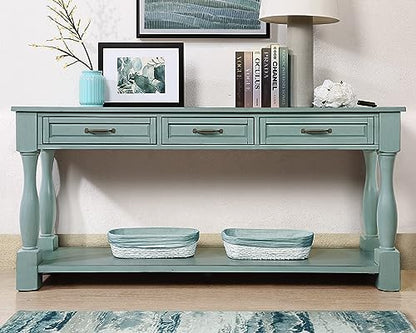 63.4" Solid Wood Console Table with Drawers,Farmhouse Entryway Table | 63.4" Sofa Table with Storage Drawers and Shelf;Solid Wood Entryway Table for Hallway,Foyer,Easy Assembled, Retro Green - color: Green