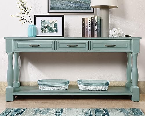 63.4" Solid Wood Console Table with Drawers,Farmhouse Entryway Table | 63.4" Sofa Table with Storage Drawers and Shelf;Solid Wood Entryway Table for Hallway,Foyer,Easy Assembled, Retro Green - color: Green