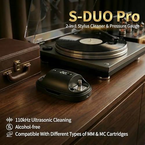 HumminGuru S-Duo 110kHz Ultrasonic Stylus Cleaner + Stylus Pressure Gauge | Contactless & Alcohol-Free Record Needle Cleaner for MM MC Cartridge, Non-Magnetic Alloy Stylus Force Scale, Rechargeable