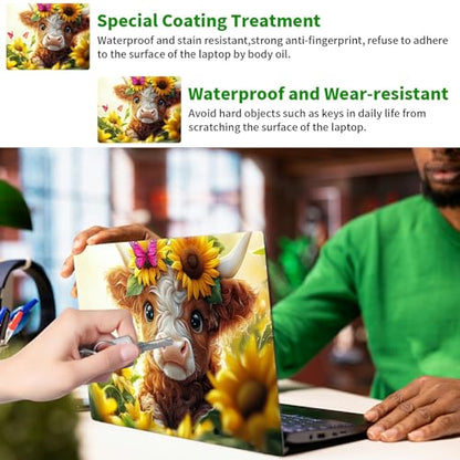 Laptop Skin Sticker Decal, Universal Protective Cover Fit 12 13 14 15.6 Inch Notebook, Reusable Water-Resistant Vinyl Decal w/ 2 Wrist Pads for Business Travel Office, Cute Cow Flowers - color: Cute Cow Flowers