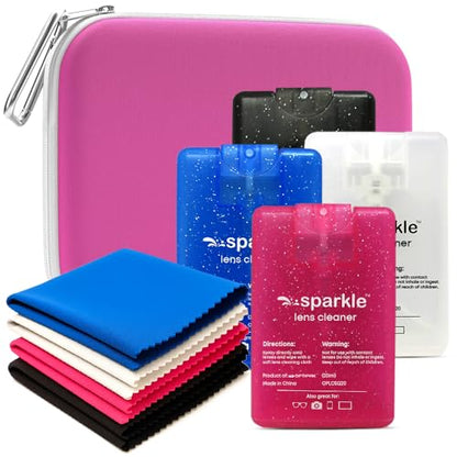 Sparkle Anti-Reflective Safe Square Lens Cleaner Spray Kit – 4 (20ml) Glasses Cleaner Spray with Microfiber Cloths & Travel Pouch for Eyeglasses, Lenses & Camera Cleaning Kit (9 Piece Set) - style: Pink | 1 Multipurpose Pouch + 4x0.68oz Lens Spray + 4 Clo