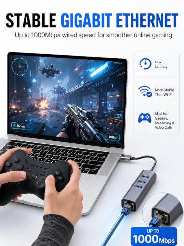 ABLEWE USB C to Gigabit Ethernet Adapter with 3 USB 3.0 Ports, 4-in-1 RJ45 Network Hub, Plug and Play USB-C LAN Adapter for MacBook Pro/Air, iPad Pro, iPhone 15/16, Chromebook, XPS, Surface - color: Grey
