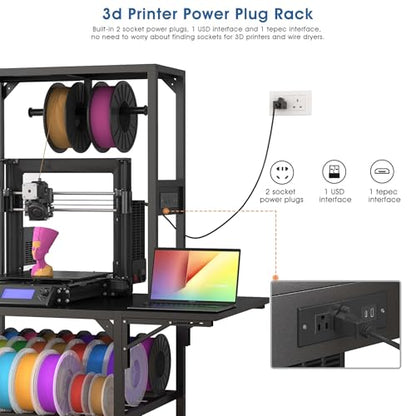 Heavy Duty 3D Printer Stand with Storage - Large Metal 3D Printer Table with Filament Storage for 54 Spools, Rolling 3D Printer Workbench with Locking Wheels & T-Shaped Spool Holder
