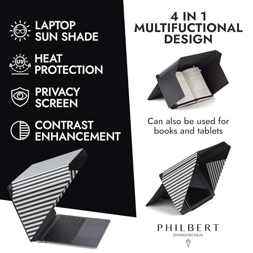 4-in-1 Laptop Screen Shade – Original Lux Hood – Sun, Privacy, Heat & Contrast Protection, Freestanding with Pocket, Fits 12–14” MacBook & PC, Patented, Striped - color: Striped, size: 12-14in