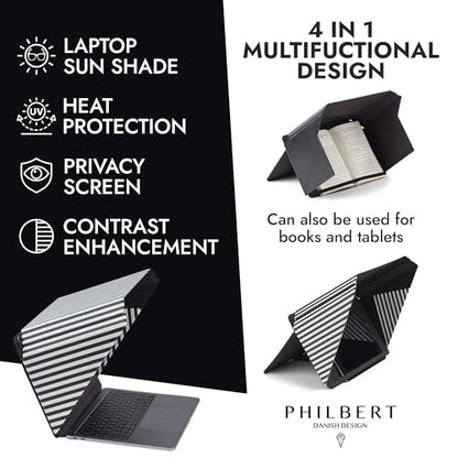 4-in-1 Laptop Screen Shade – Original Lux Hood – Sun, Privacy, Heat & Contrast Protection, Freestanding with Pocket, Fits 12–14” MacBook & PC, Patented, Striped - color: Striped, size: 12-14in