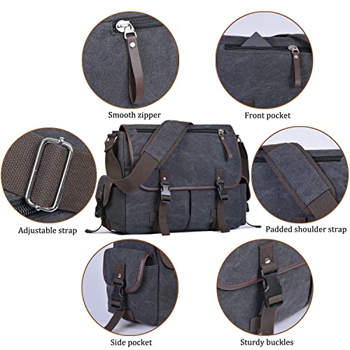 15.6 Inch Laptop Messenger Bag for Men Women, Canvas Computer Shoulder Bag, Work Briefcase for Business College Travel | Anti-theft Design - color: Black