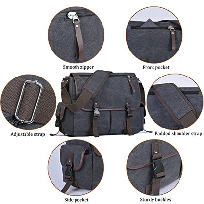 15.6 Inch Laptop Messenger Bag for Men Women, Canvas Computer Shoulder Bag, Work Briefcase for Business College Travel | Anti-theft Design - color: Black