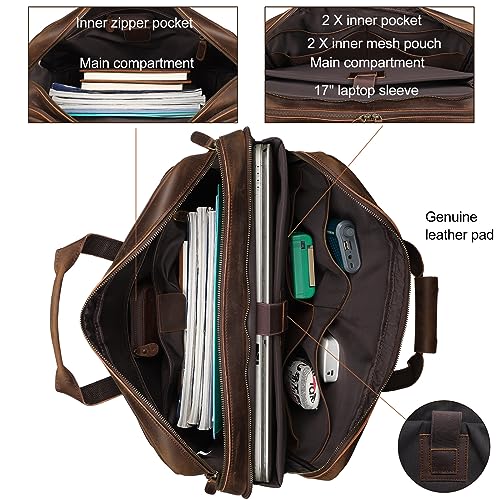 Masa Kawa Leather Briefcase for Men 15.6" 17" Laptop Business Messenger Bag | Computer Sleeve, Travel Luggage Strap, Professional Office Work Lawyer Crossbody Shoulder Attache Case - color: Brown- Fits 17.3 Inch Laptop