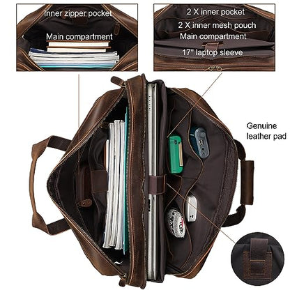Masa Kawa Leather Briefcase for Men 15.6" 17" Laptop Business Messenger Bag | Computer Sleeve, Travel Luggage Strap, Professional Office Work Lawyer Crossbody Shoulder Attache Case - color: Brown- Fits 17.3 Inch Laptop