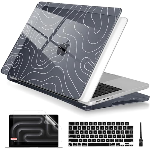 Batianda Case for New MacBook Pro 16 Inch 2026 M5 2024 2023 2021 Release with M4 M3 M2 M1 Pro/Max Chip - Ultra Slim 1.2mm Glossy Hard Shell Protective Skin Keyboard Cover 4-in-1 Bundle, Topography - color: Topography