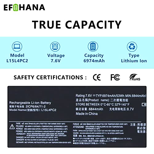 L15L4PC2 L15M4PC2 Laptop Battery Replacement for Ideapad Yoga 710-14IKB 710-14ISK 710-15IKB 710-15ISK Series Notebook 5B10K90802 5B10K90778 7.6V 53Wh 6974mAh 4-Cell - size: 10.04×3.62×0.28 in L15L4PC2