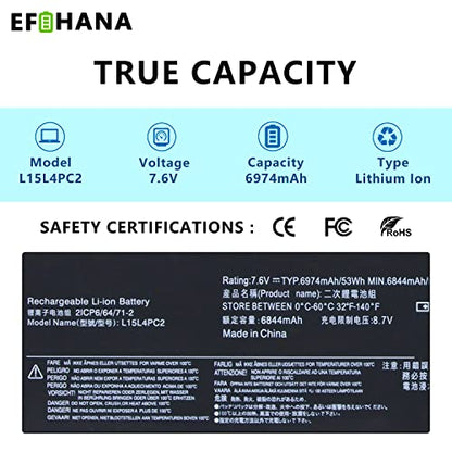 L15L4PC2 L15M4PC2 Laptop Battery Replacement for Ideapad Yoga 710-14IKB 710-14ISK 710-15IKB 710-15ISK Series Notebook 5B10K90802 5B10K90778 7.6V 53Wh 6974mAh 4-Cell - size: 10.04×3.62×0.28 in L15L4PC2
