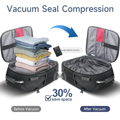 Travel Vacuum Backpack with Wheels for Women Men, 50L Rolling Vacpack Backpack with Vacuum System, Laptop Compartment, TSA Lock, Dry-Wet Pocket Luggage suitcase, Air Travel, Weekend Trips - color: Black(included Pump)