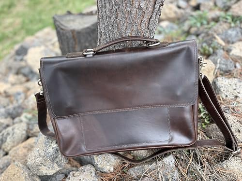 Full Grain Leather Briefcase for Men, Handcrafted Laptop Bag with Multiple Compartments,Fits 15.6 Inch Laptop - color: Dark Brown