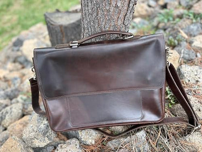 Full Grain Leather Briefcase for Men, Handcrafted Laptop Bag with Multiple Compartments,Fits 15.6 Inch Laptop - color: Dark Brown
