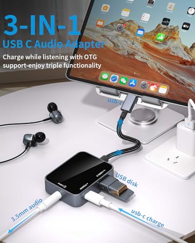 USB C to 3.5mm Audio Adapter 3-in-1 USB-C Headphone Adapter with USB OTG Data Port & 60W PD Charging, Type-C Aux to 3.5mm Converter Compatible with iPhone 17/16/15, Samsung Galaxy, Pixel, iPad