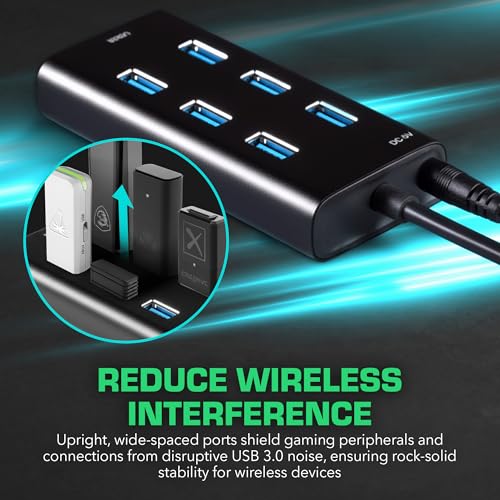 Rebuff Reality 7 Port USB Hub USB 3.0 Dongle Hub for Gaming | Wireless Interference Reduction for Gaming, Stable Connection, Lag-Free Mouse Keyboard Headset for PC, Mac, Xbox, PlayStation - size: 7-PORT