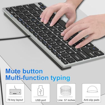 Ultra-Slim 78keys USB Mini Wired Keyboard with Media Hotkeys for Apple Mac Pro, MacBook 56Pro/ iMac, Air, Mac mini, Laptop Computers, Windows PC 11/10/8/7, with USB-A to C OTG Adapter, Silver Black - color: Silver Black, size: USB-A