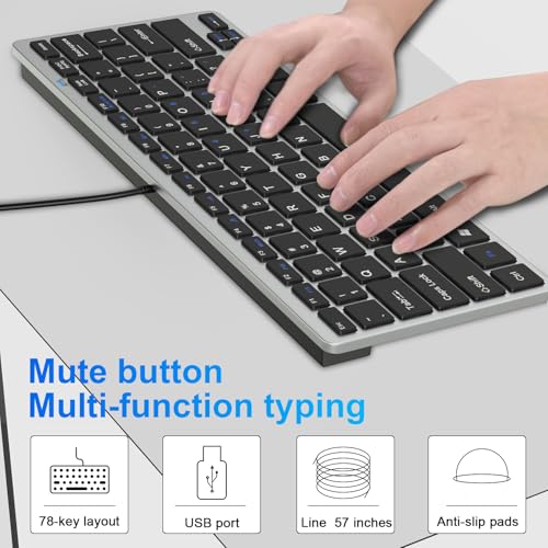 Ultra-Slim 78keys USB Mini Wired Keyboard with Media Hotkeys for Apple Mac Pro, MacBook 56Pro/ iMac, Air, Mac mini, Laptop Computers, Windows PC 11/10/8/7, with USB-A to C OTG Adapter, Silver Black - color: Silver Black, size: USB-A