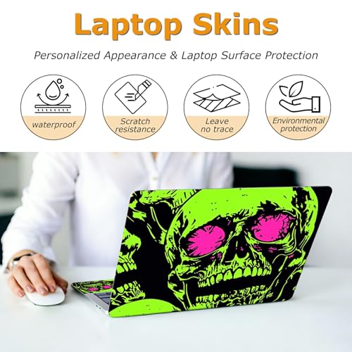 Universal Laptop Skin Sticker with 2 Wrist Pad Decals, 3-Piece Removable Vinyl Laptop Cover, Neon Green Skull Waterproof Anti-Scratch, Easy-Trim Fit for 13.3" 14" 15.6" Laptops - color: Neon Green Skull