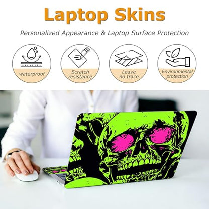 Universal Laptop Skin Sticker with 2 Wrist Pad Decals, 3-Piece Removable Vinyl Laptop Cover, Neon Green Skull Waterproof Anti-Scratch, Easy-Trim Fit for 13.3" 14" 15.6" Laptops - color: Neon Green Skull