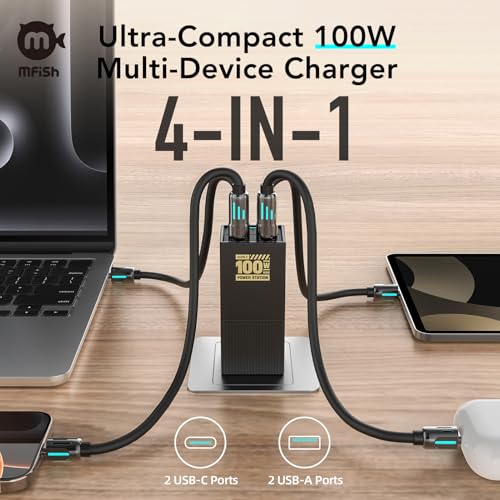 100W USB-C Charger with Extension Line, Fast Laptop GaN Charging, 4-Port USB-C & USB-A Wall Charger Power Adapter Ports for MacBook, Dell XPS, iPhone 17/16/15 Pro Max, Tablet 6-in-1 Power Strip