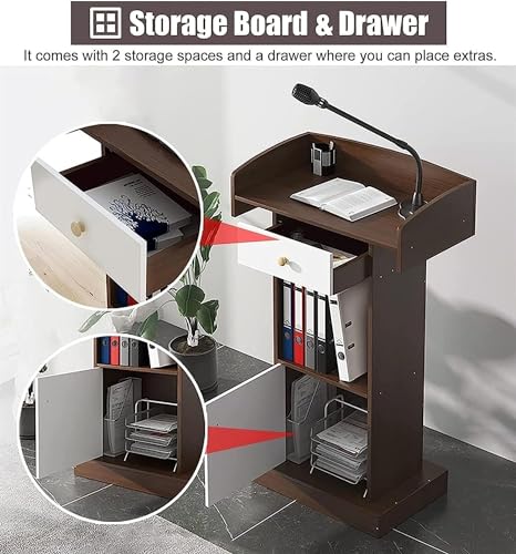 Wooden Standing Lectern with Open Storage and Spacious Drawer Laptop Desk and Conference Table Podium Stand