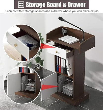 Wooden Standing Lectern with Open Storage and Spacious Drawer Laptop Desk and Conference Table Podium Stand