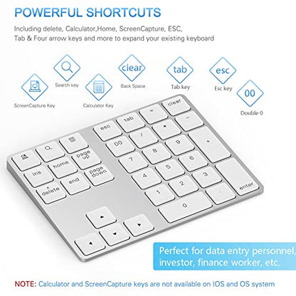 Lekvey Bluetooth Number Pad, Aluminum Rechargeable Wireless Numeric Keypad Slim 34-Keys External Numpad Keyboard Data Entry for Laptop, MacBook, MacBook Air/Pro, iMac, Windows, Surface Pro - Silver - color: White and Silver