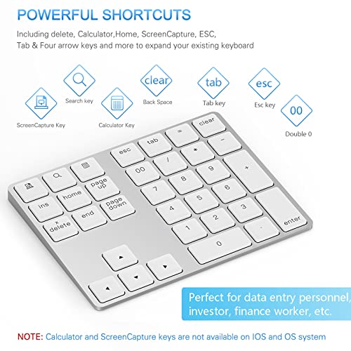 Lekvey Bluetooth Number Pad, Aluminum Rechargeable Wireless Numeric Keypad | Slim 34-Keys, External Numpad Keyboard, Data Entry for Laptop, MacBook, MacBook Air/Pro, iMac, Windows, Surface Pro - Silver - color: White and Silver