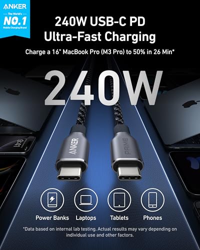 Anker Prime USB C to USB C Cable, 240W Fast Charging Durable Cable (1 ft) | USB 2.0 Upcycled Braided Nylon, 100-Year Bend Durability for iPhone 17 / 17 Pro / 17 Pro Max, MacBook, Galaxy, and More - size: 1FT